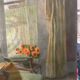 Old painting 1950 interior scene oil on canvas green armchair signed