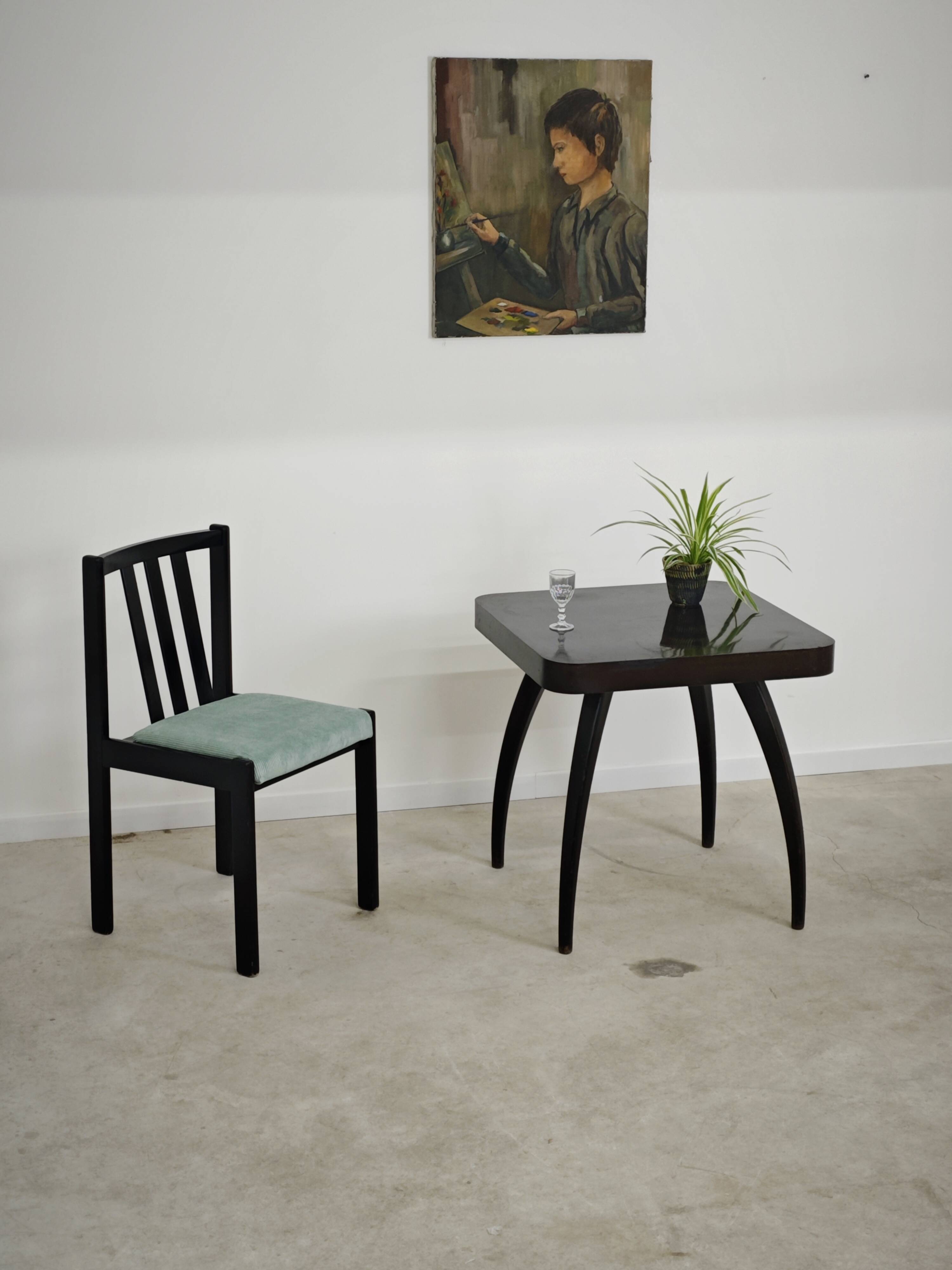 Set of 6 modernist black chairs with light blue-green ribbed fabric.