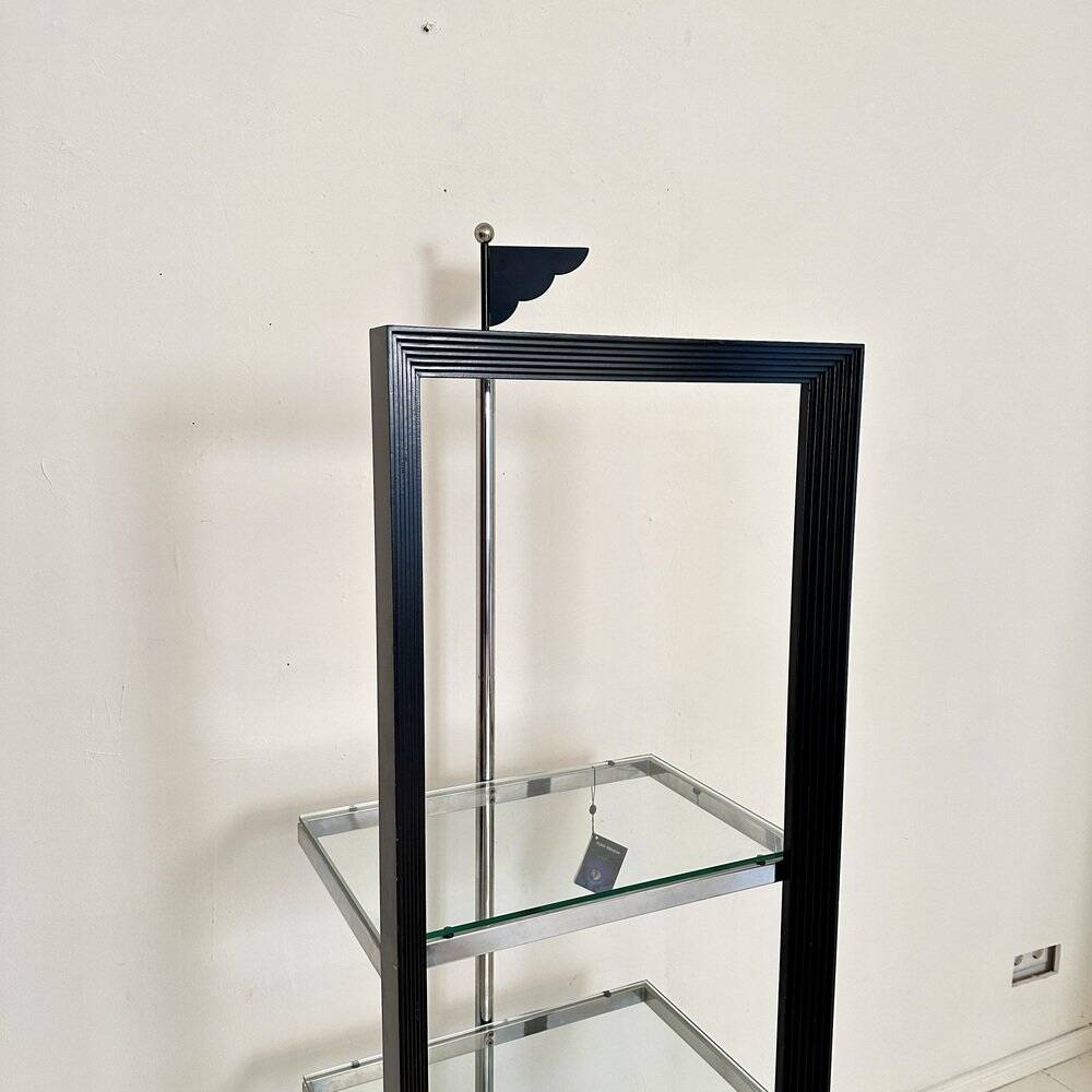 Italian Postmodern Chrome, Black Wood and Glass Shelf by Ponti Terenghi, 1980s