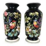 Pair of porcelain vases decorated with birds and flowers on a black background, Napoleon III