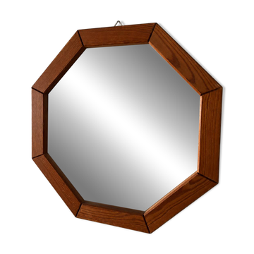 Miroir mural en bois octogonal vintage – design géométrique des années 1970