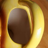 Ceramic watering can in white earthenware, yellow enamel and bird shape