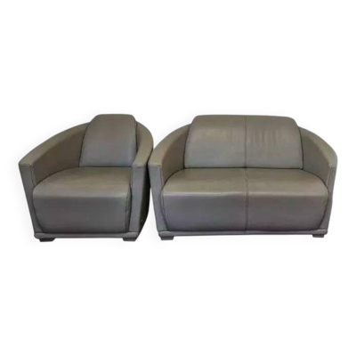 Canapé 2 places et un fauteuil en cuir gris Italia