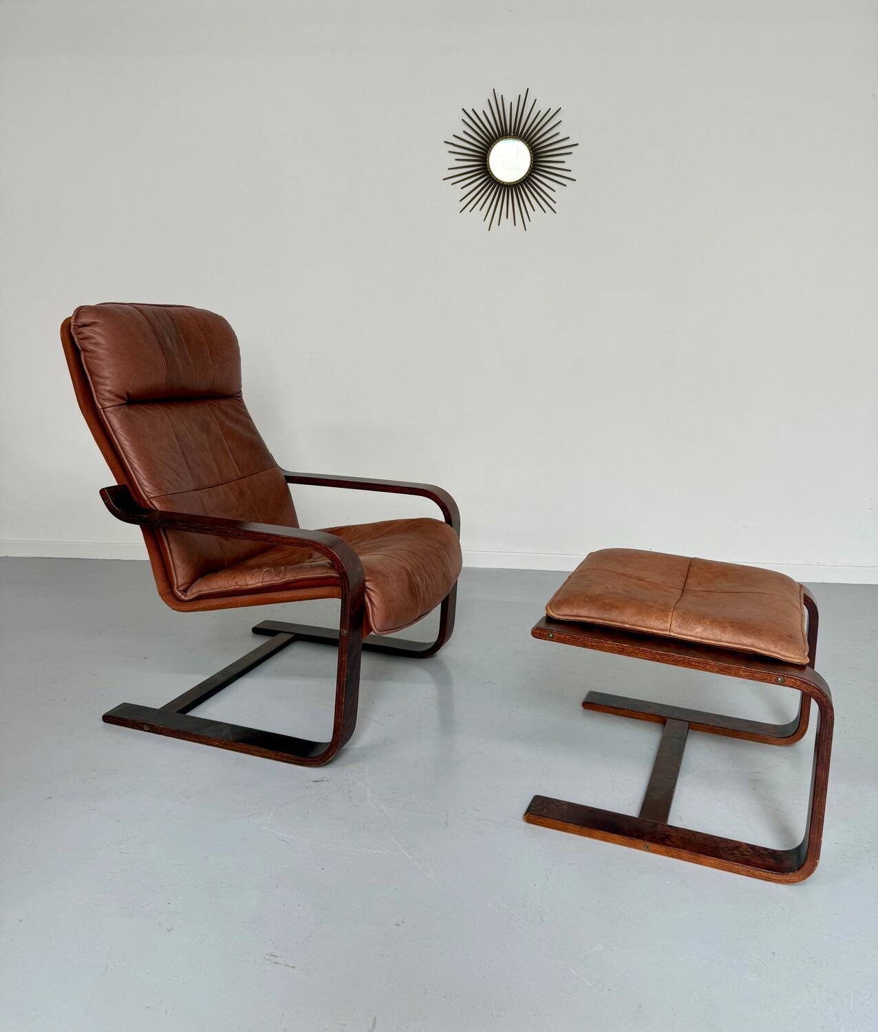 Yngve Ekström 70 Scandinavian design armchair with leather and wood ottoman