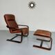Yngve Ekström 70 Scandinavian design armchair with leather and wood ottoman