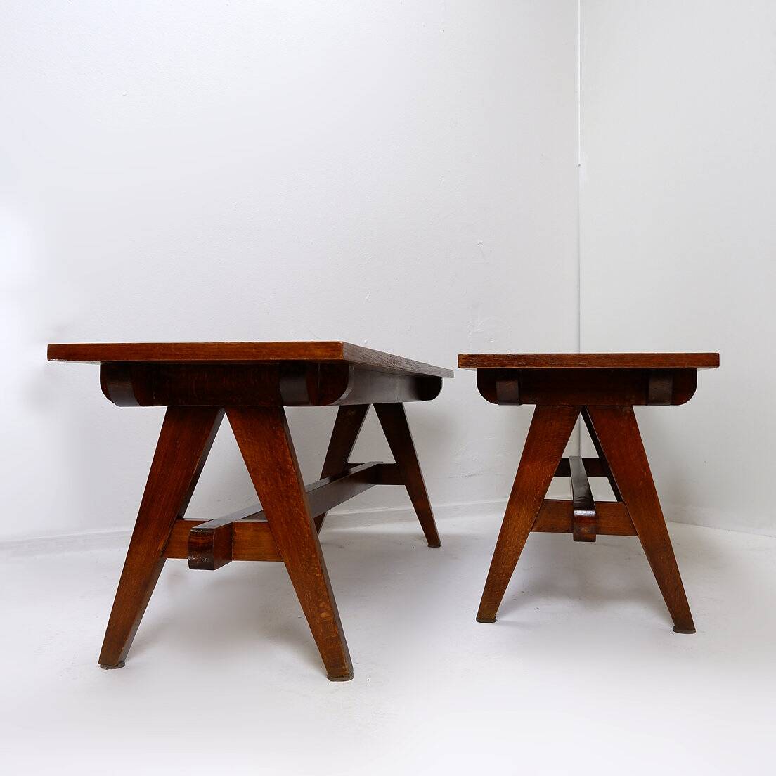 Pair of solid wood benches with compass feet