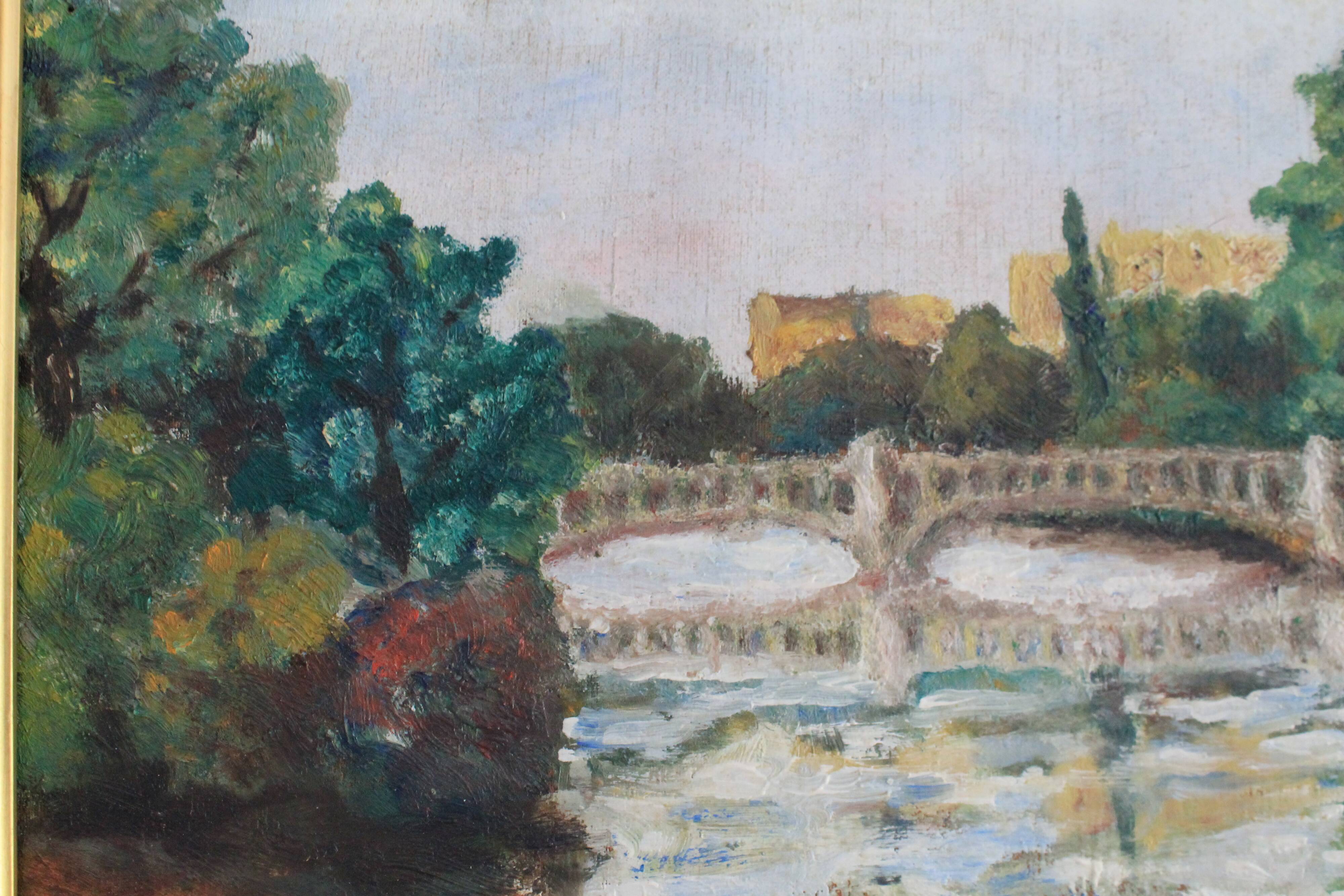 Oil on canvas "Landscape with Bridge" early 20th century