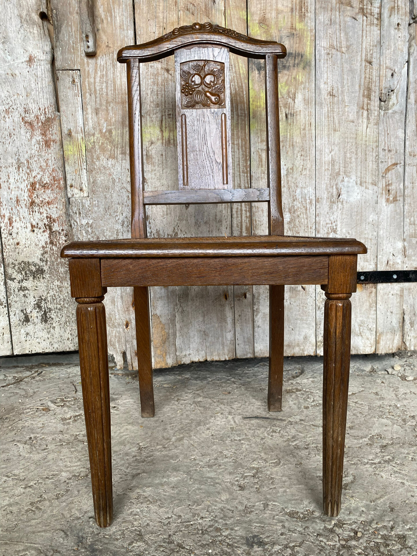 Chaise ancienne art déco bois sculpté & assise cannée vintage #e095