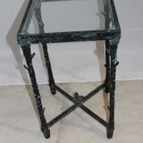 Giacometti style cast iron table, glass table