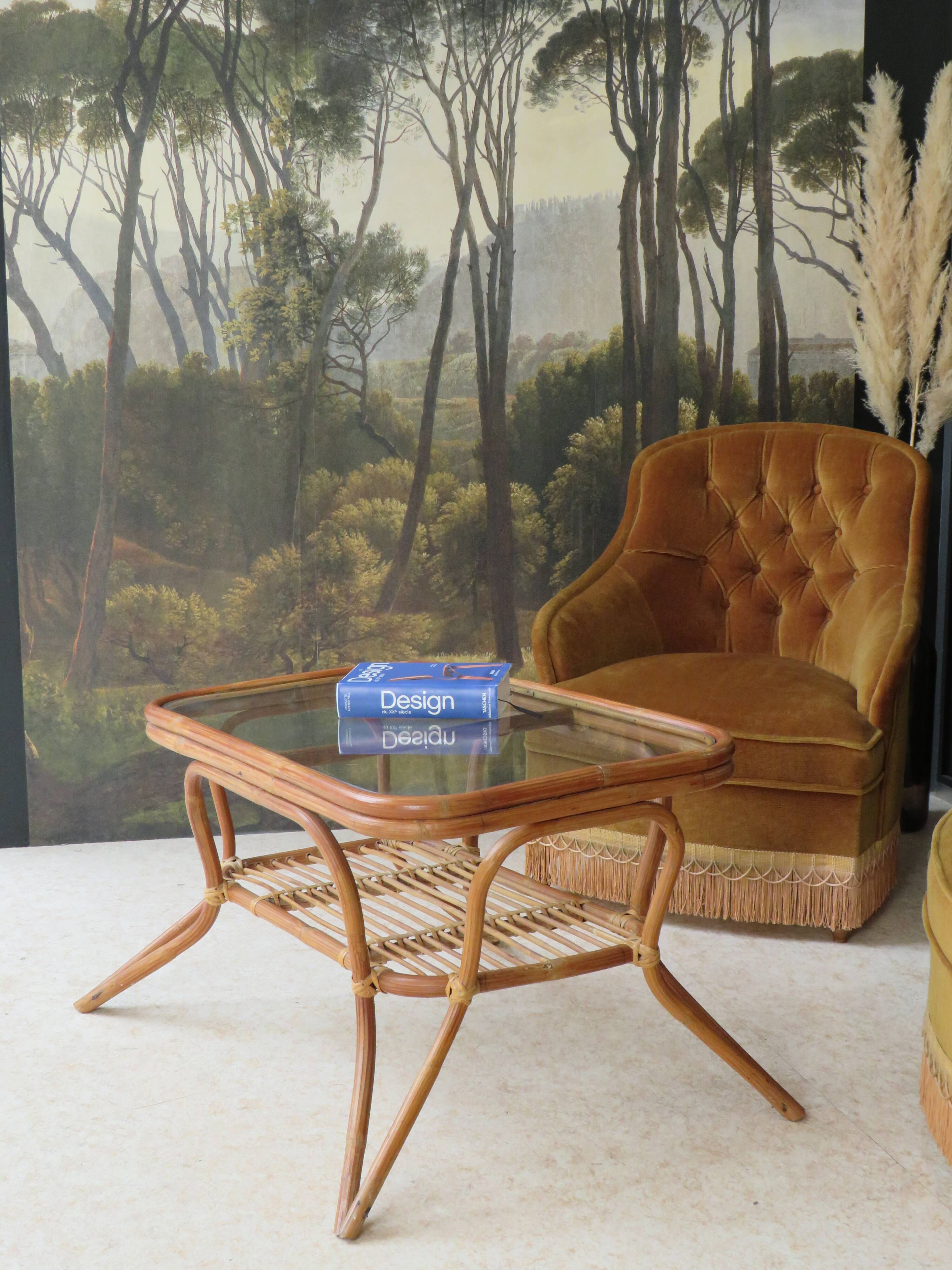 Rattan and glass coffee table