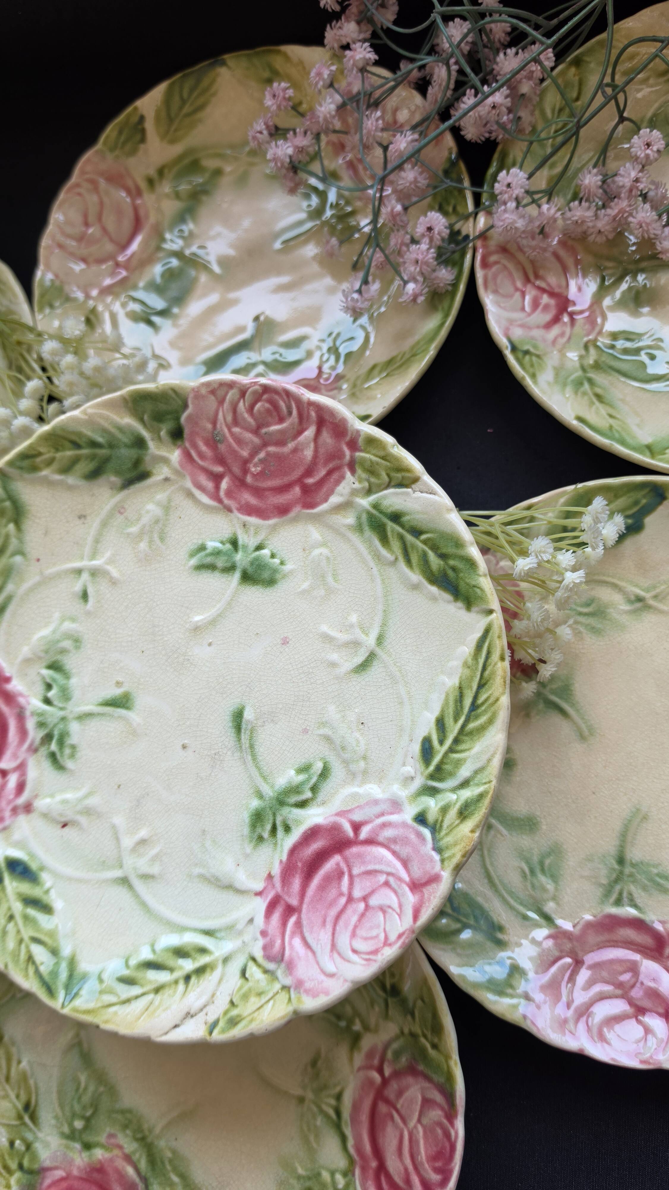 Exclusive antique dessert service in faience/terracotta with slip from 1900.