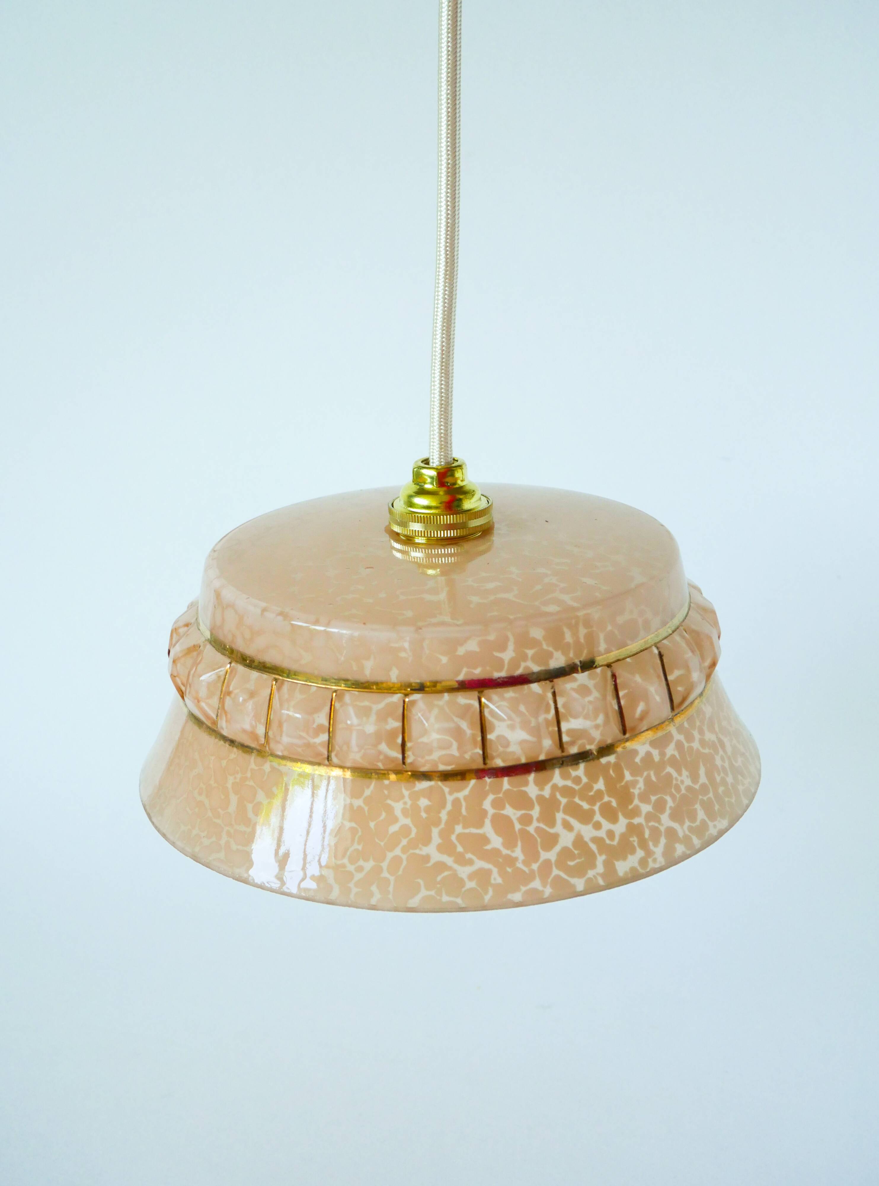 Clichy glass pendant light, pink and gold, Art Deco, 1930