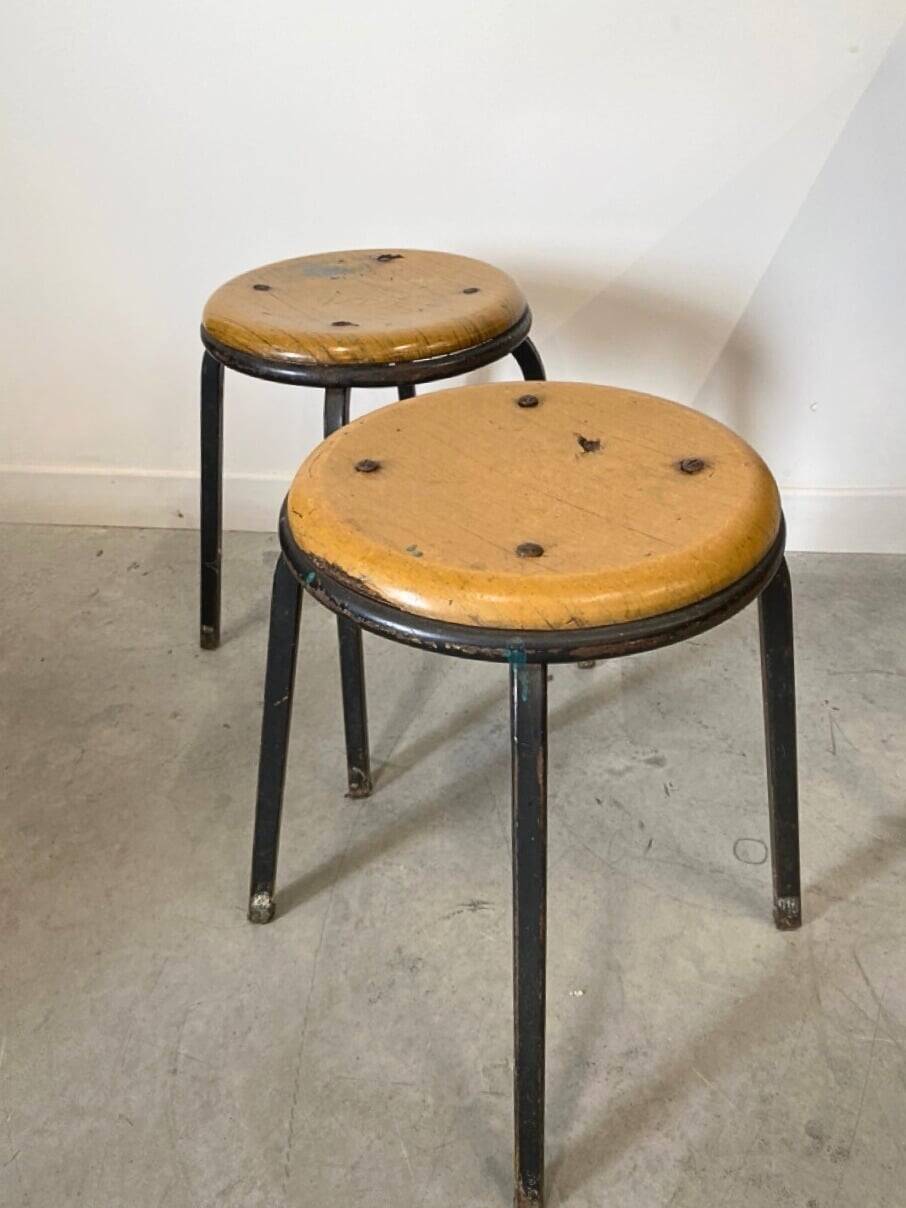 Pair of vintage industrial stools in wood and metal
