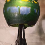 Wrought iron lamp with superb Emile Galle art nouveau lampshade, acid-free in multi-layer