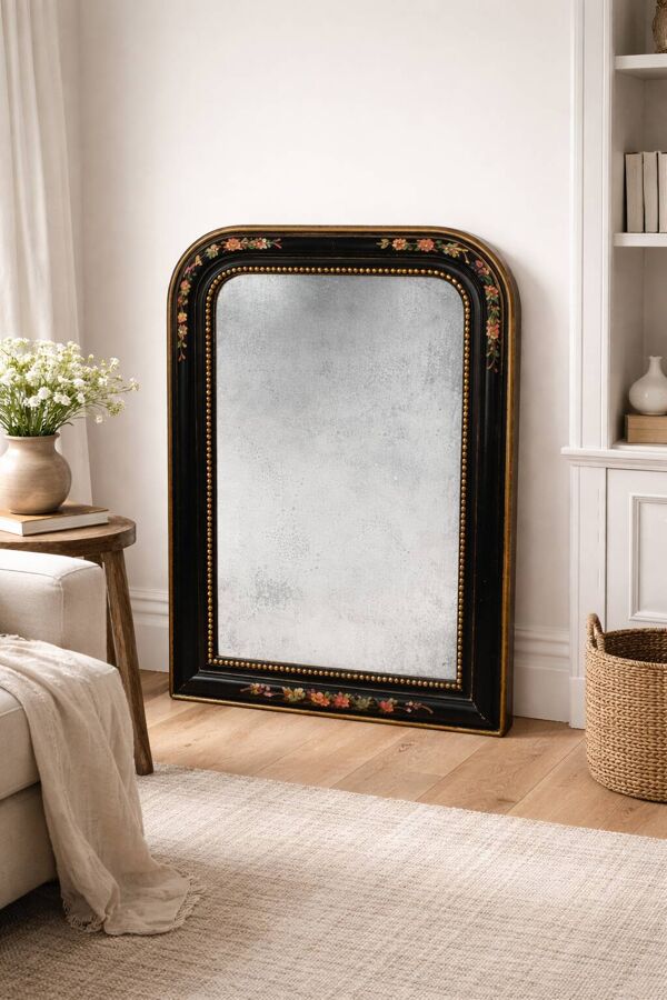 Miroir Napoléon III ancien, cadre noir décor floral peint main – XIXe