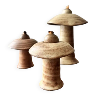 Set of three ceramic mushroom oil lamps by Freek Berends from the 1970s.