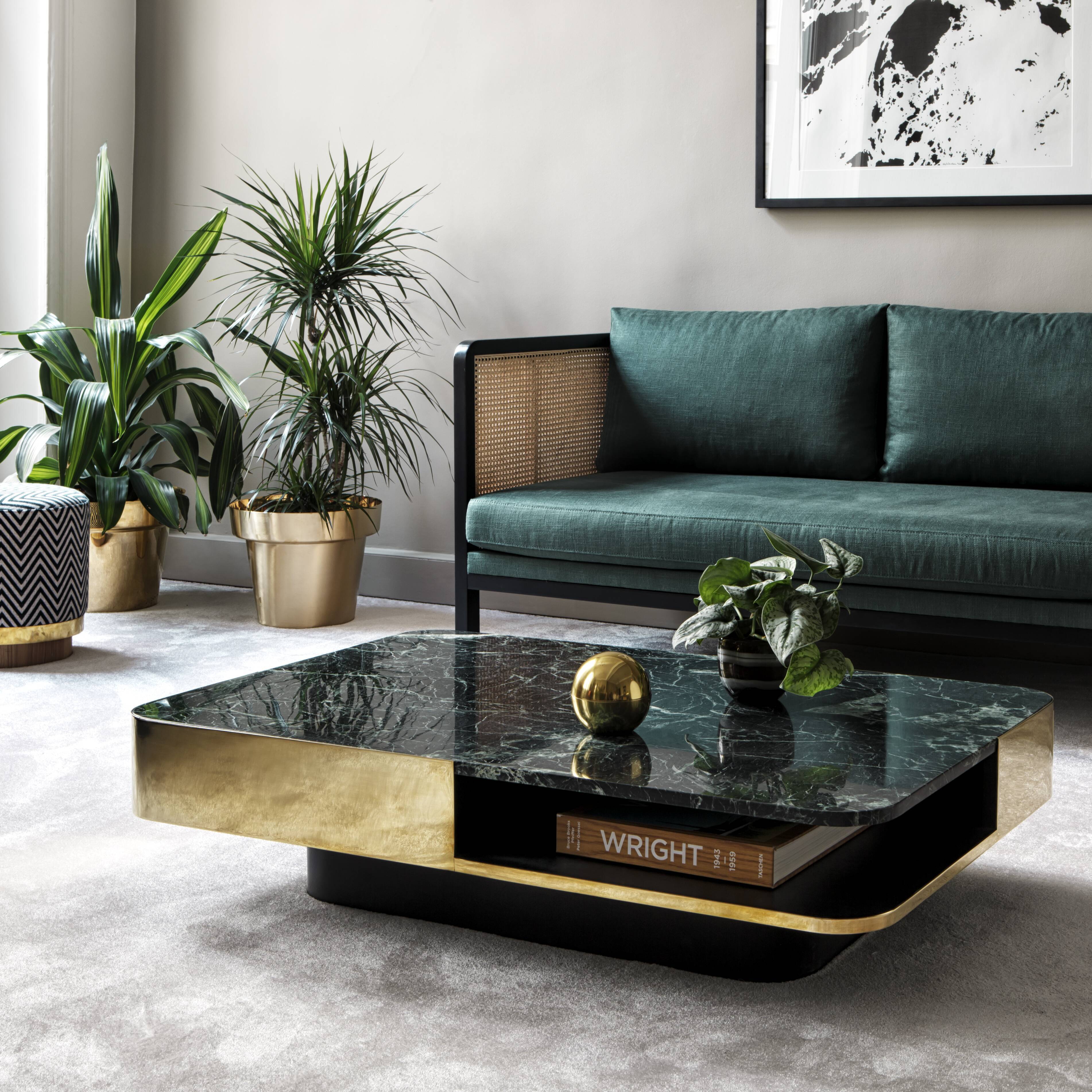 Coffee table lounge marble green brass wide
