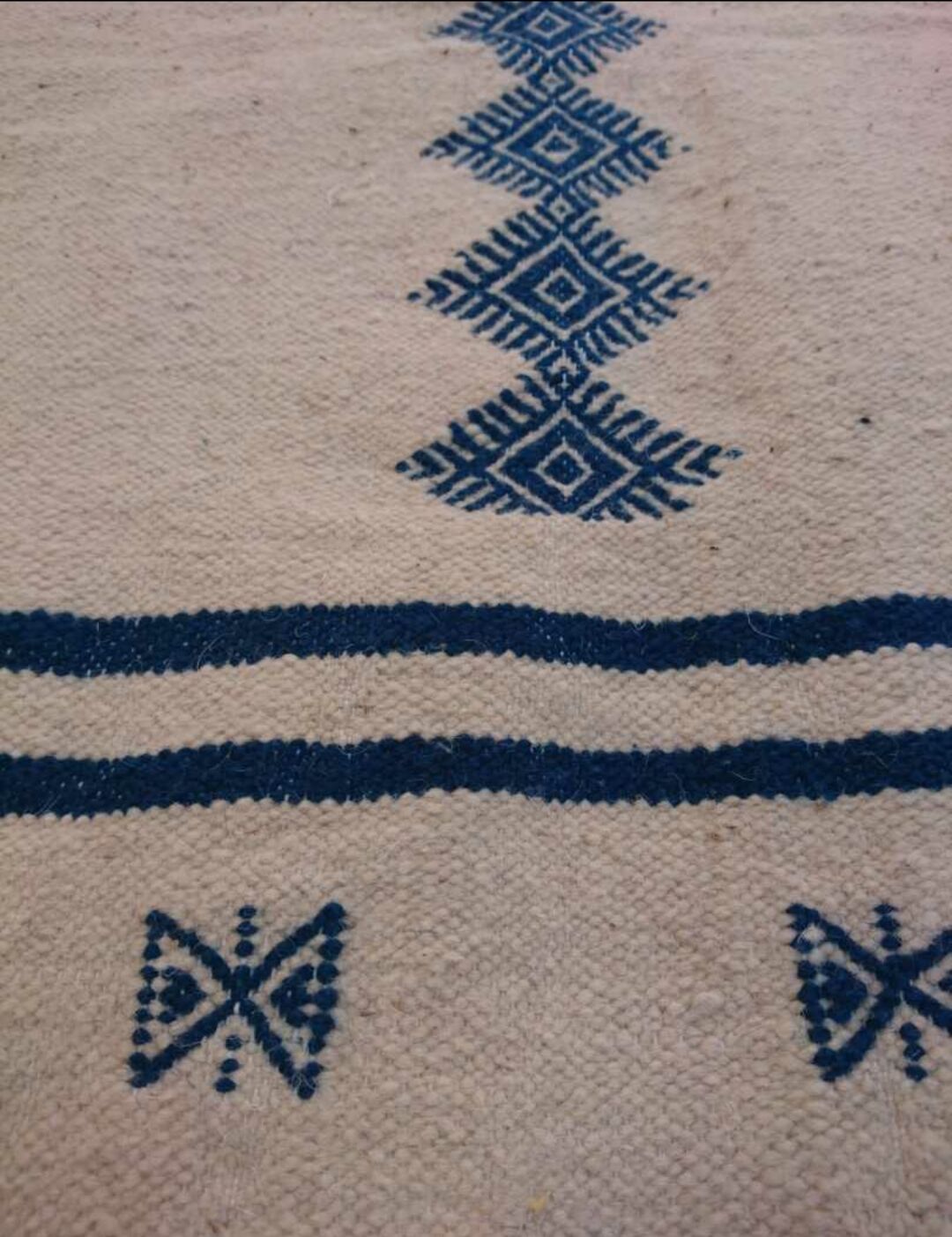 Carpet berber kilim beige and blue in pure wool 200x110cm