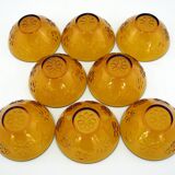 8 amber yellow glass bowls - embossed flower patterns - Daisy Vereco France - vintage 70s