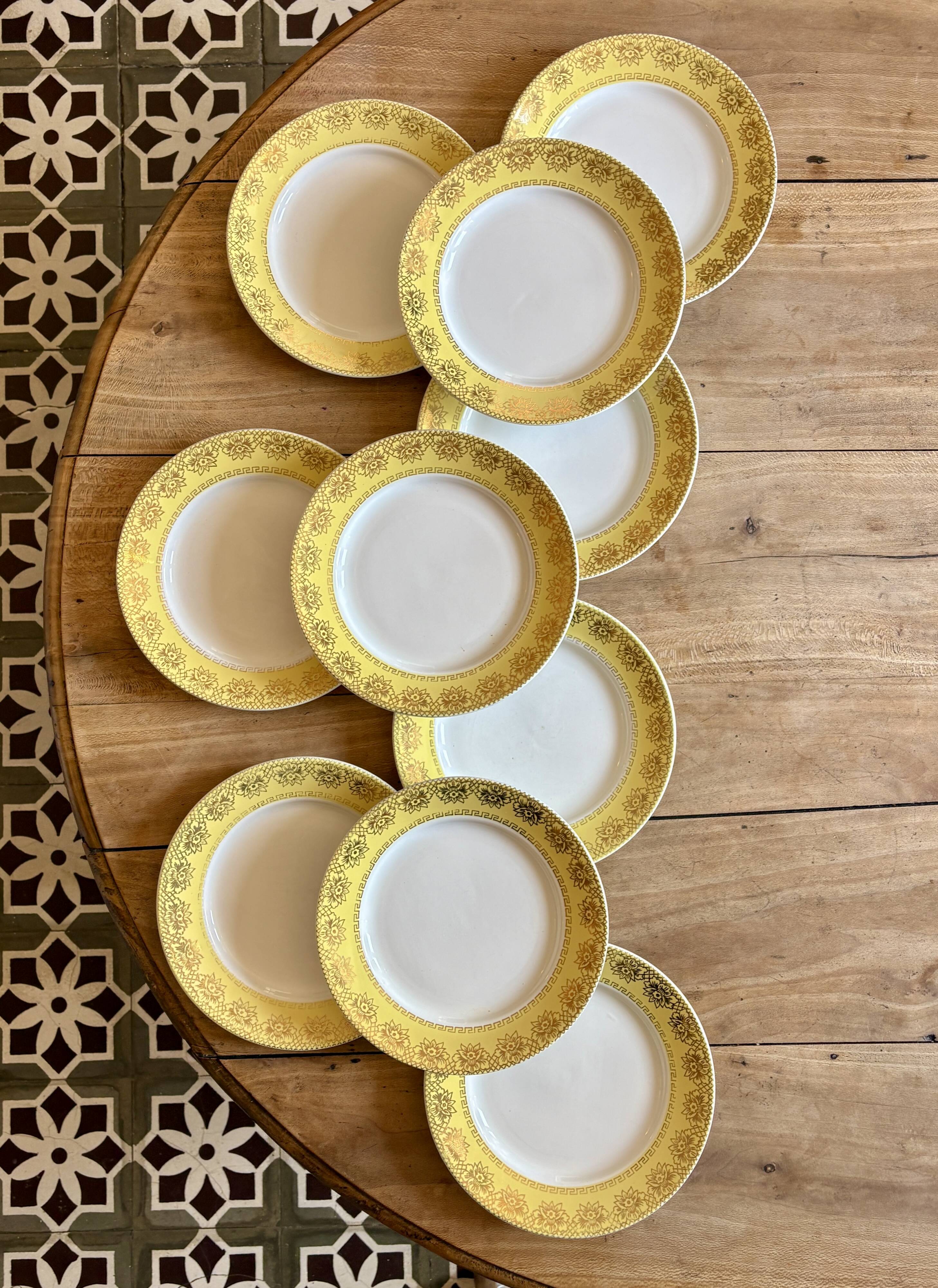 Set of 10 vintage white, yellow and gold dinner plates