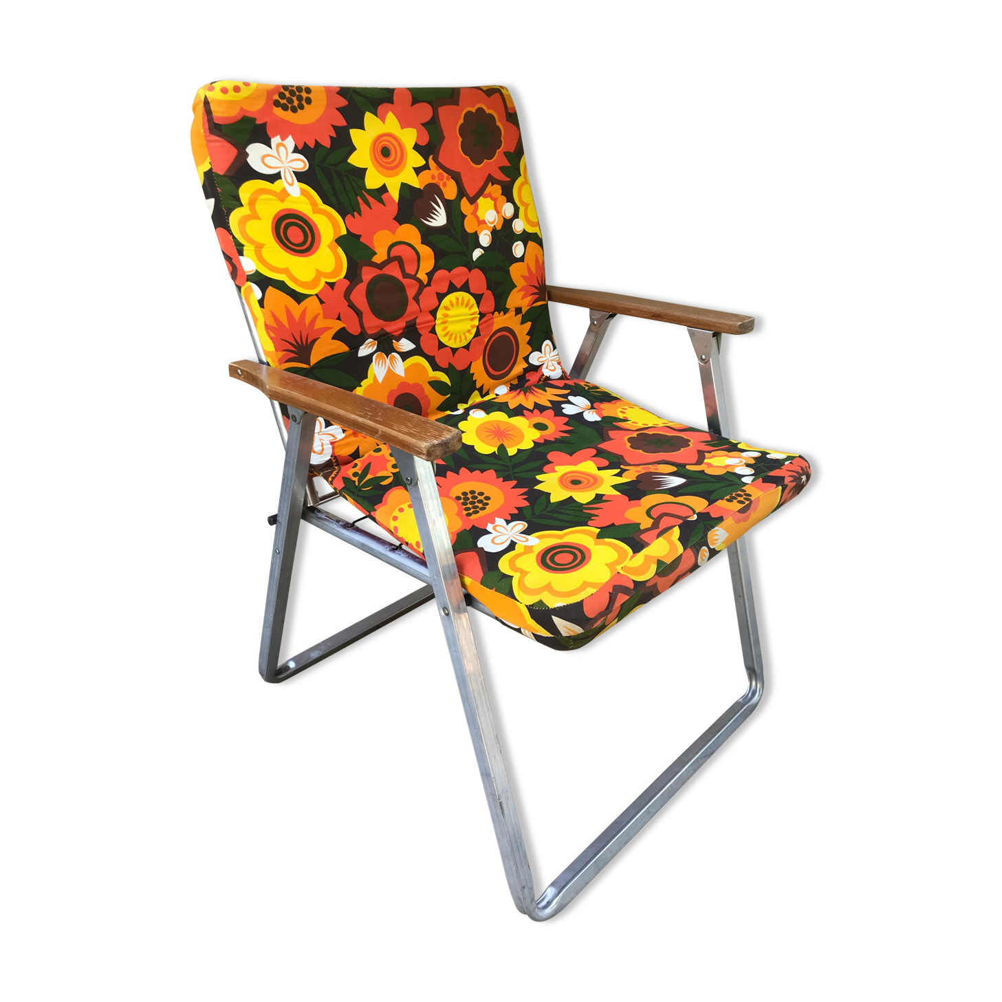 Chaise ancienne pliante alu avec tissu multicolore années 70 jardin camping vintage