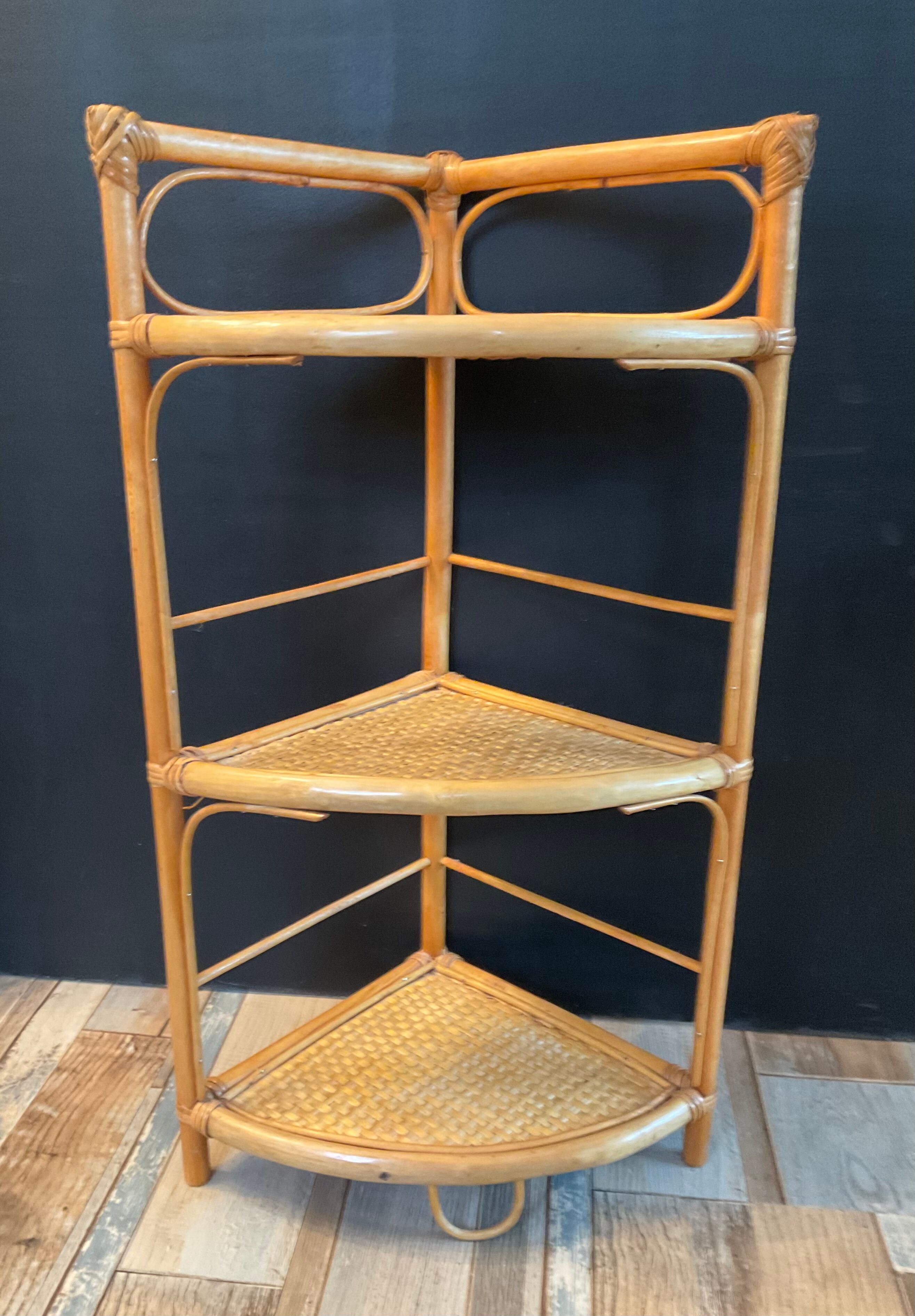 Vintage rattan and wicker corner shelf 70s