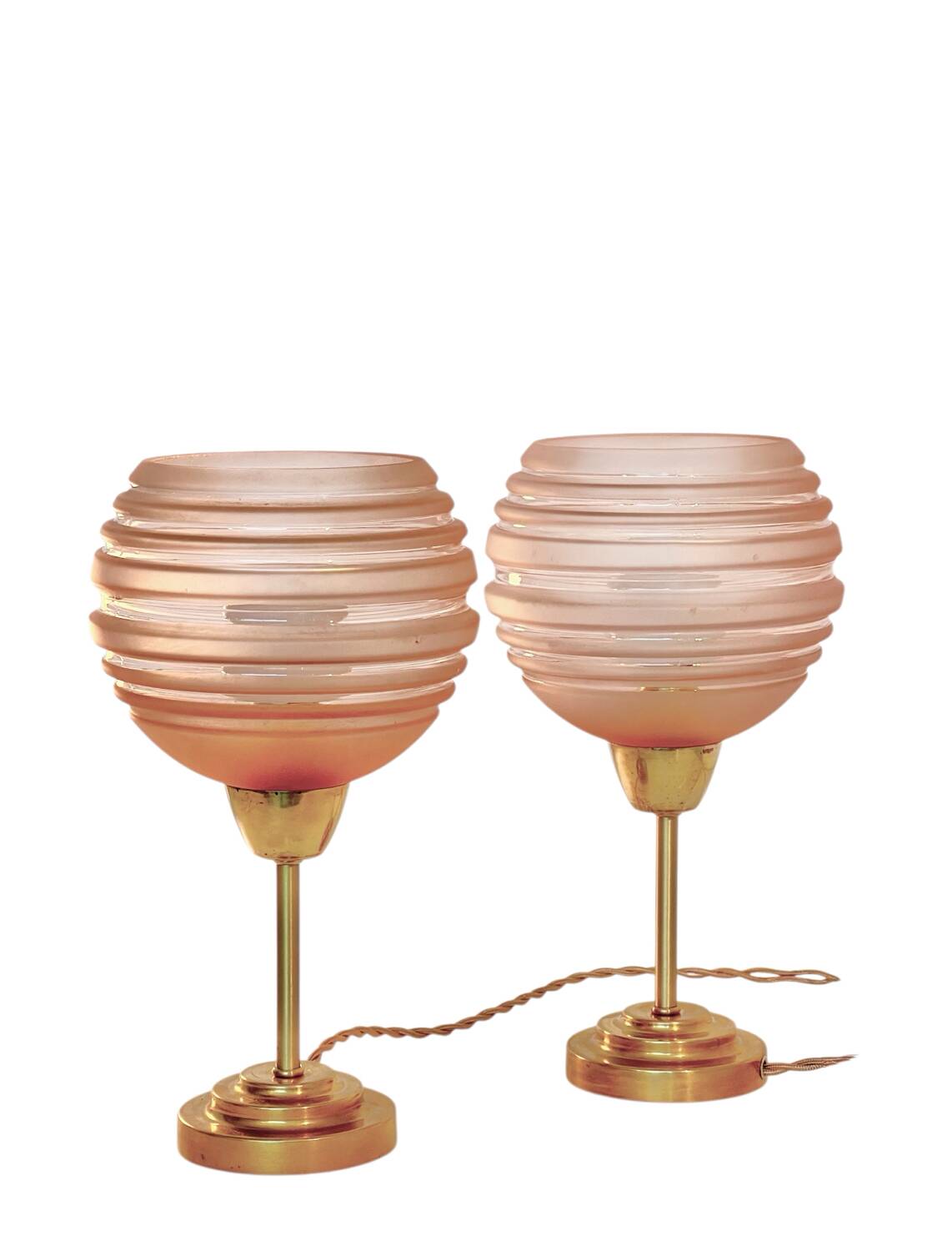 Pair of Art Deco bedside lamps in brass and etched glass