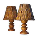pair of Scandinavian bedside lamps in wicker wood, very good condition, 32x13