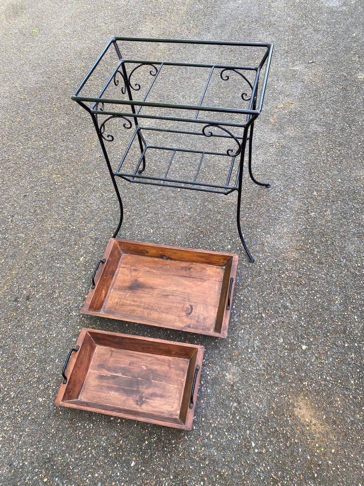 Vintage dessert table in wrought iron and solid wood with double top.