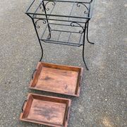 Vintage dessert table in wrought iron and solid wood with double top.