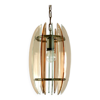 Mid-Century Italian pink and clear thick glass chandelier by Veca. Italy 1960s