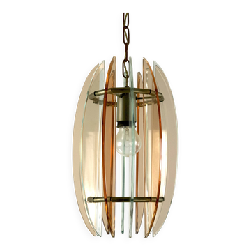 Lustre italien en verre épais rose et transparent du milieu du siècle par Veca. Italie années 1960