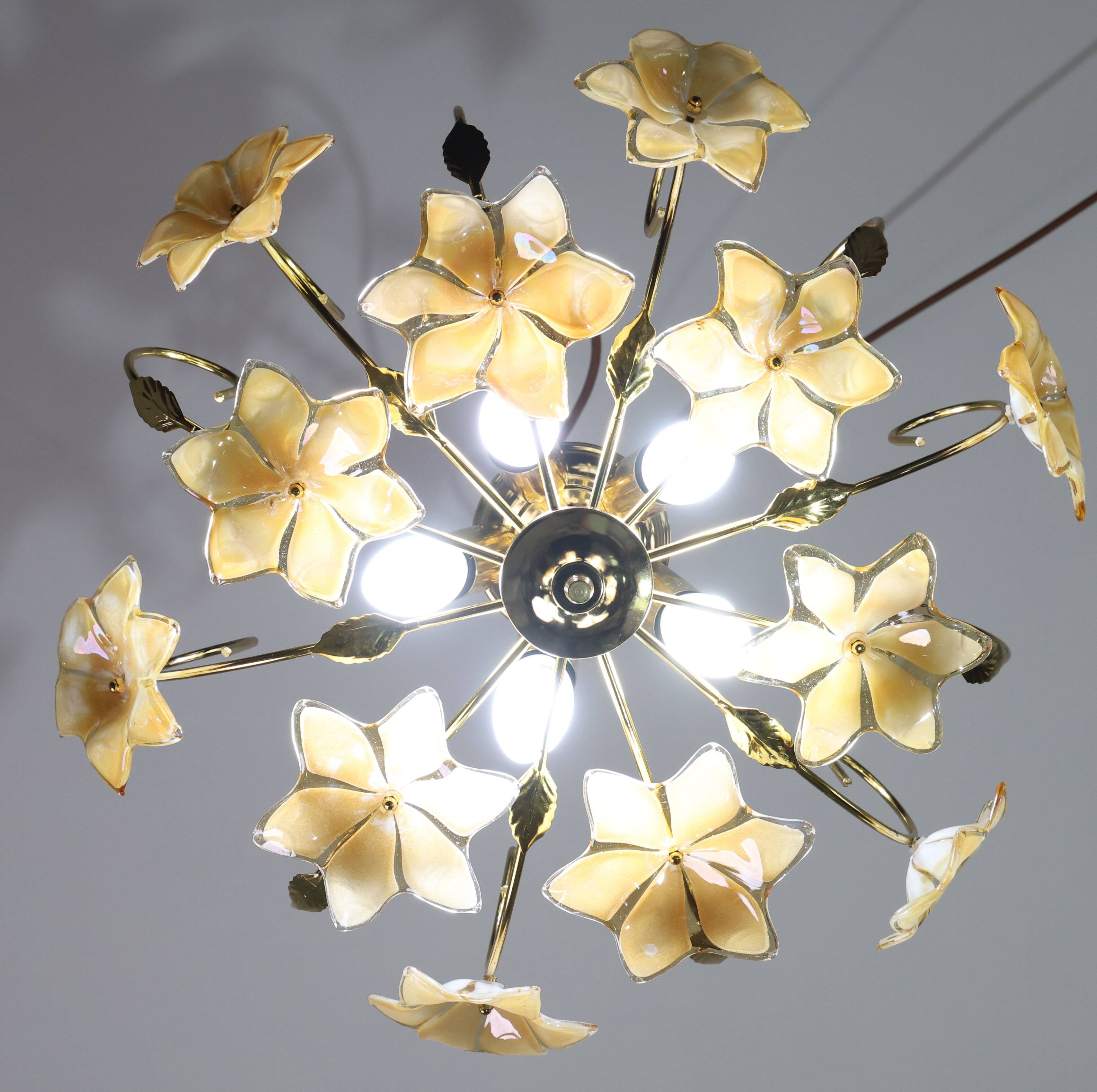 Murano Vintage Ceiling Light Orange Iridescent Flowers, 1970s