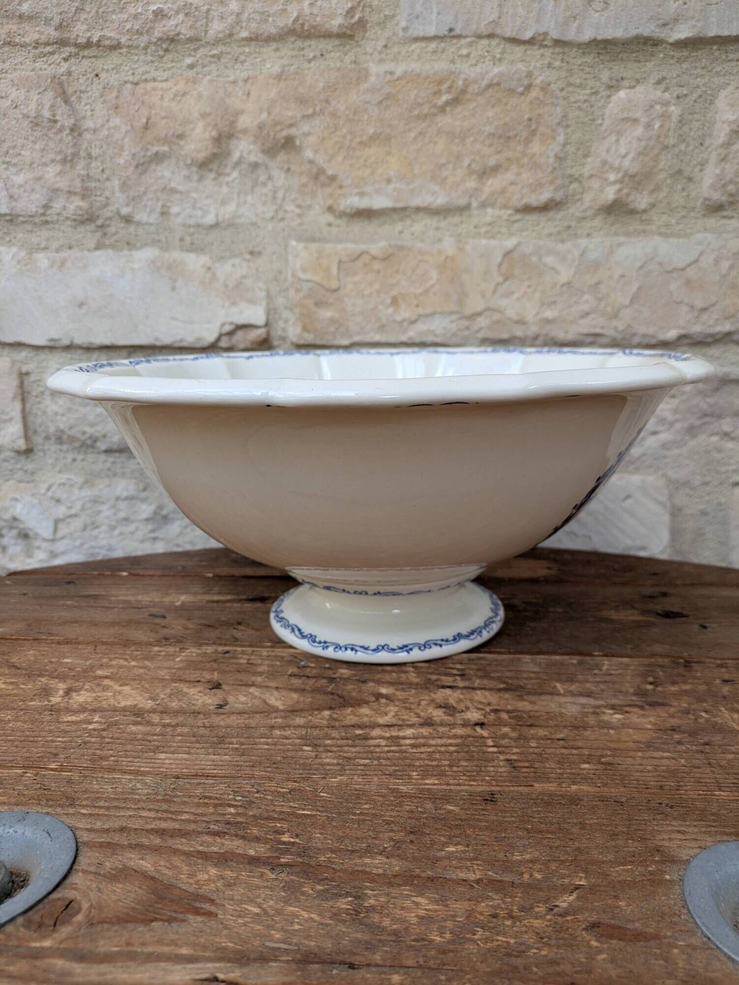 Vintage large salad bowl Gien Rouen model blue arabesques 30x14cm