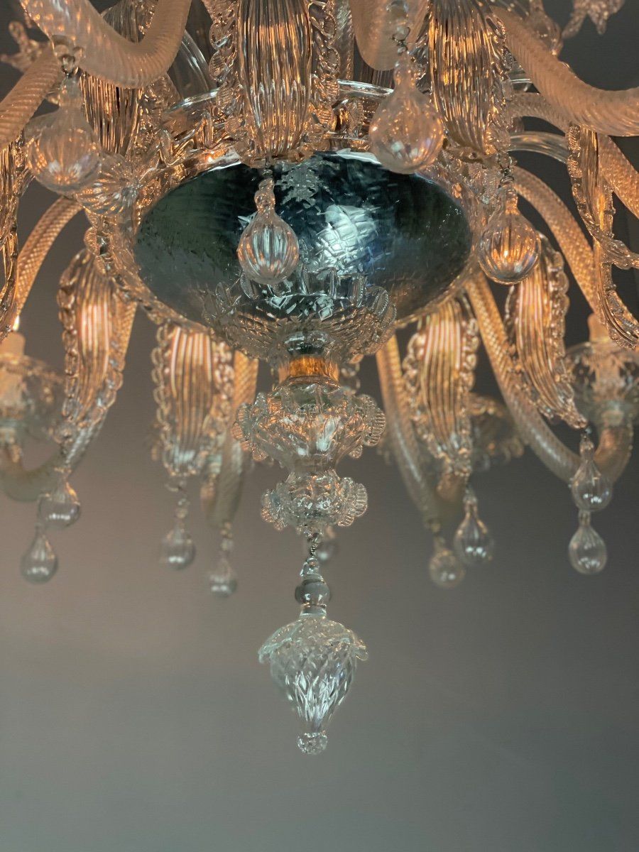 Venetian chandelier in colorless Murano glass, 12 arms of light