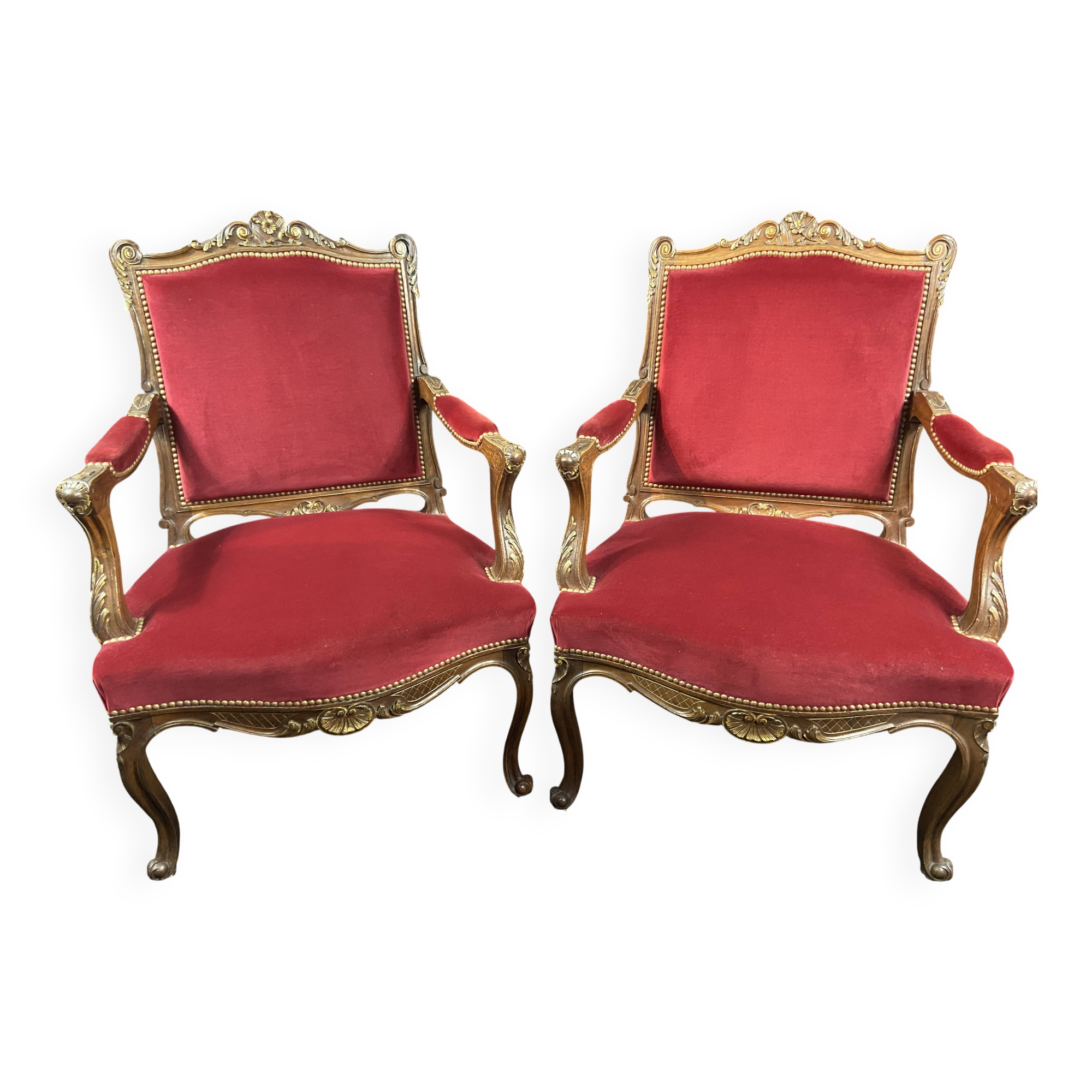 Pair of flat-back armchairs in Louis XV style in red velvet.
