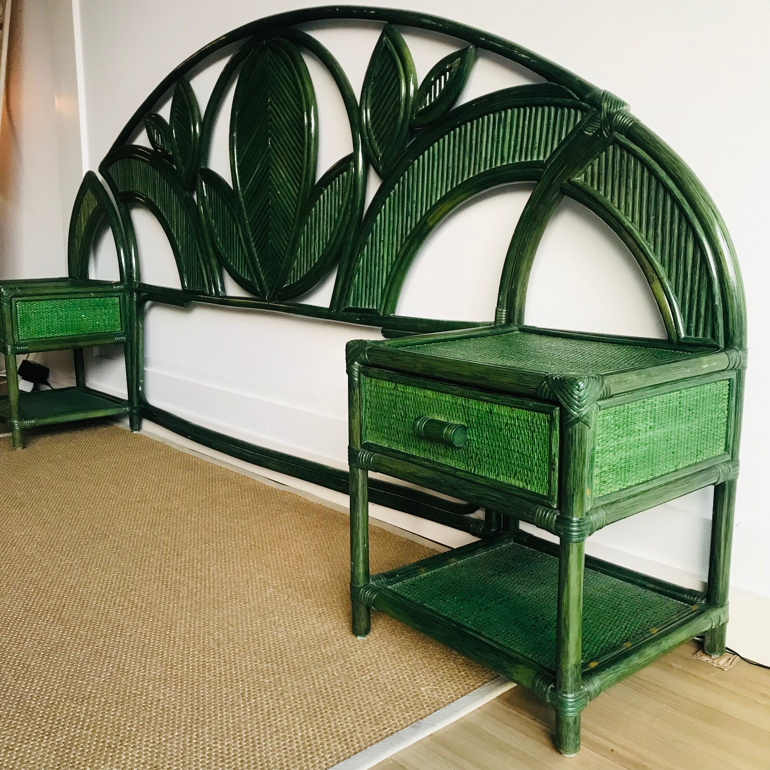 Bamboo rattan headboard 70s and 2 bedside table Vivai del Sud