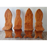 Series of 4 brutalist chairs carved in solid pine 1970