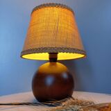 Dark ball wood table lamp, jute lampshade, 1970