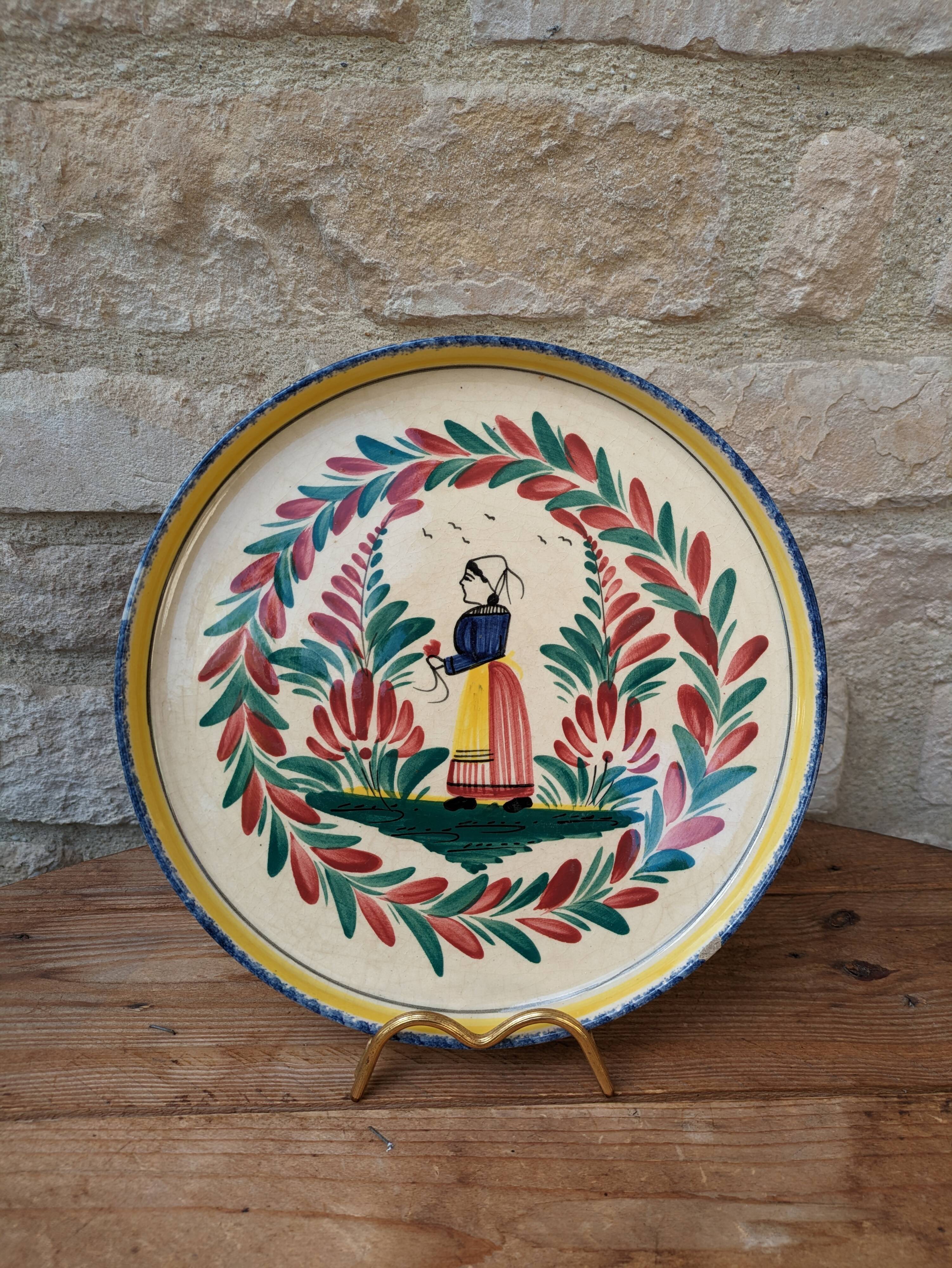 Old HB Henriot Quimper rimmed plate with Breton decor