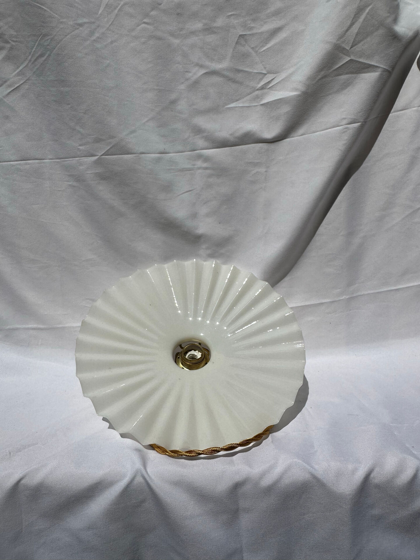 Vintage suspension opaline pleated lampshade with golden threads and claw socket.