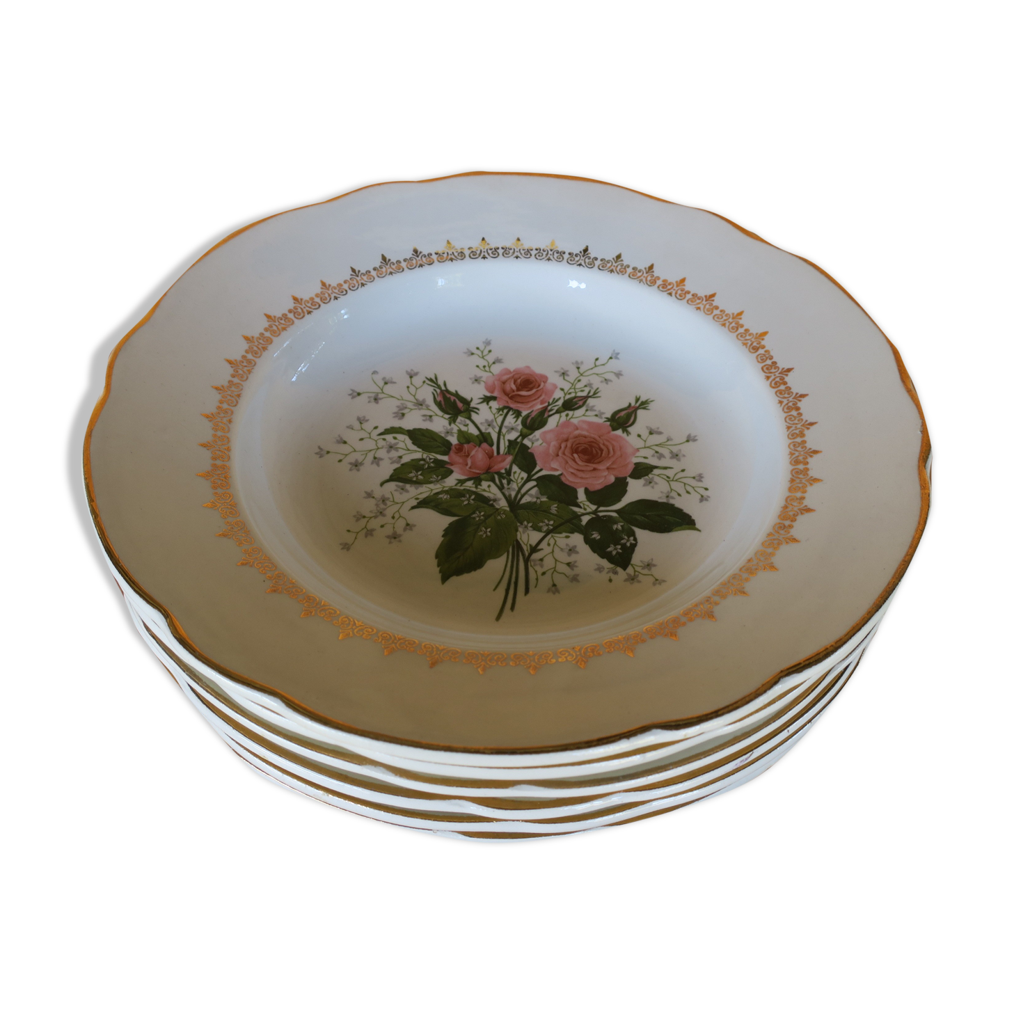 6 vintage plates with central pink