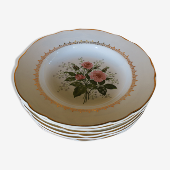 6 vintage plates with central pink