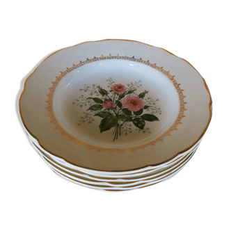 6 vintage plates with central pink