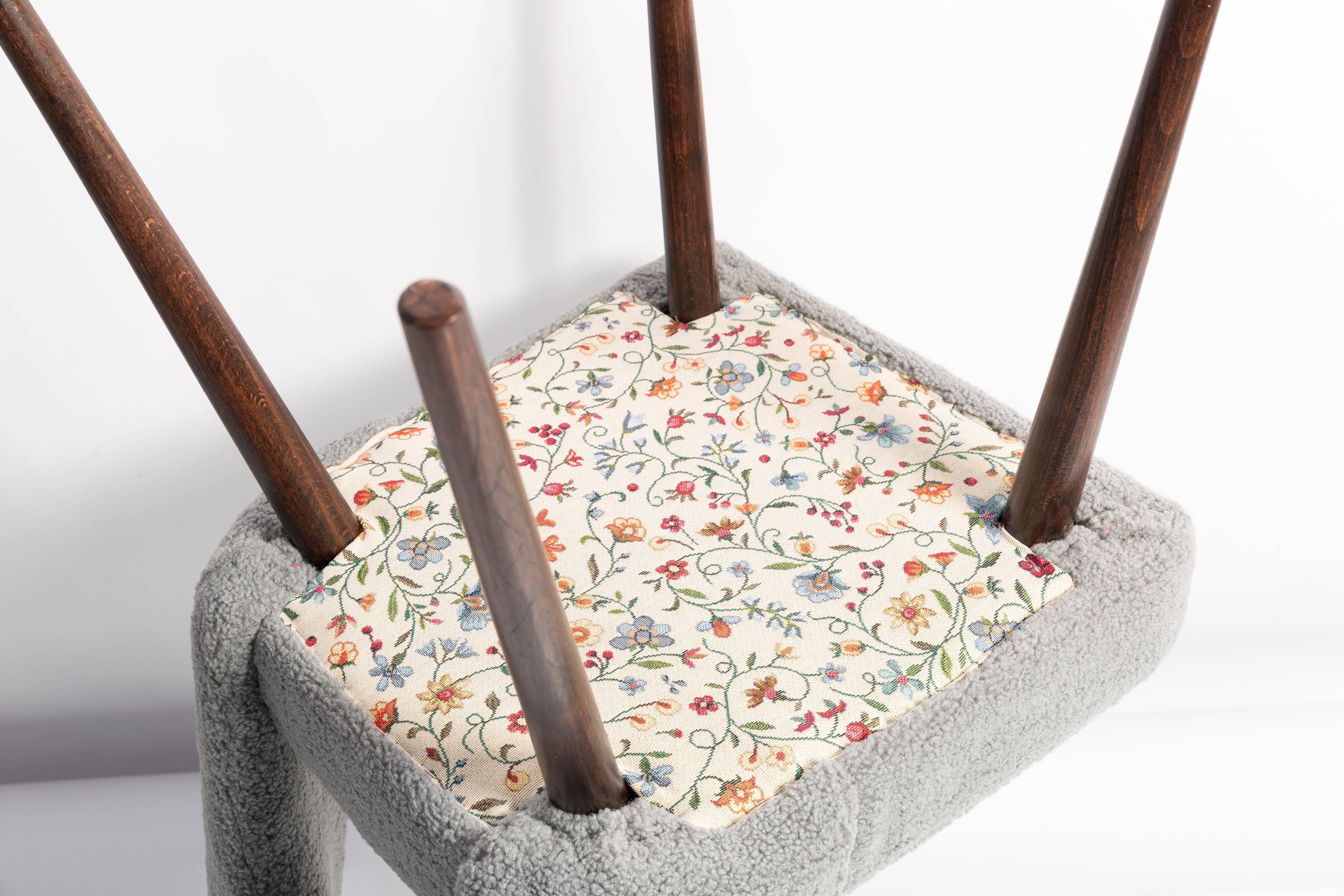 Grey boucle shell chair, dark beech wood, Poland, 1960s.