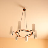 Modernist chandelier of the 60s, copper and opaline, cathedral