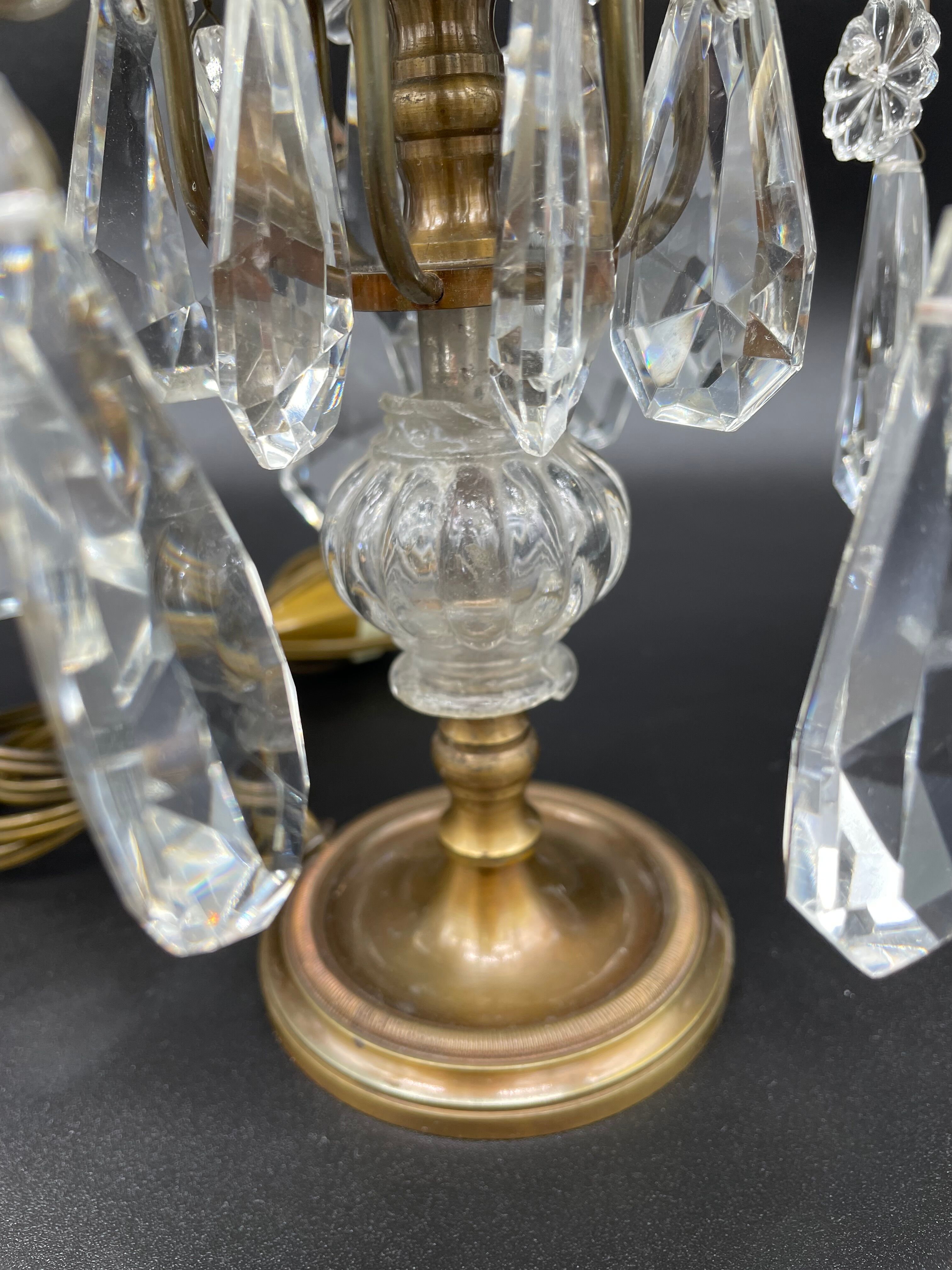 Antique, pair girandoles, candle holders, gilded brass, tassels, glass, drops, florets, 1 burner