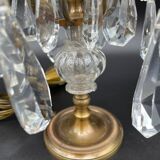 Antique, pair girandoles, candle holders, gilded brass, tassels, glass, drops, florets, 1 burner