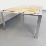 Large vintage coffee table in chrome metal, yellow onyx stone and resin from the 70s