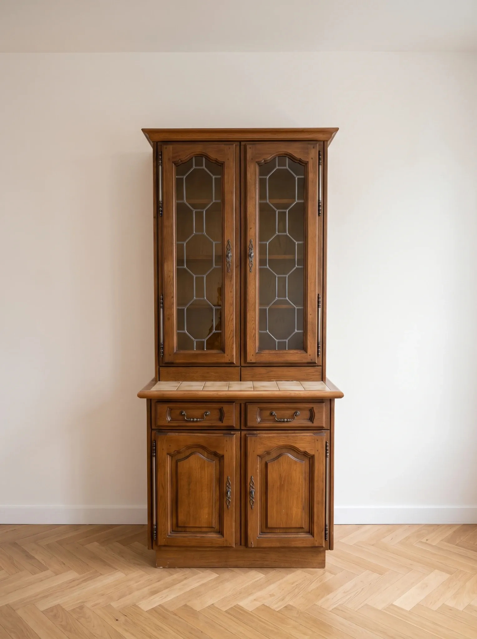 Buffet, vintage wooden sideboard with display cabinet and tiled top.